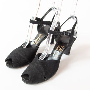 New 1940s Black Suede Leather Peep Toe Sandals NOS